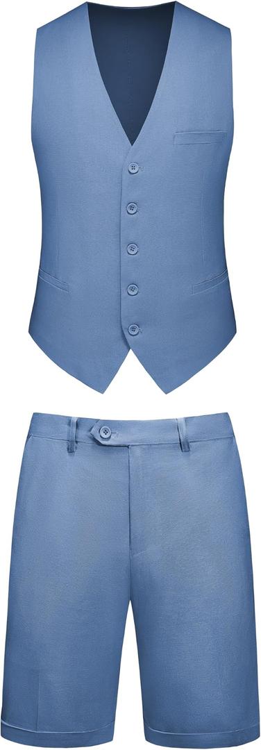Mens 2-Piece Linen Summer Suit - Beach Wedding Guest Outfit with Vest and Shorts Set, Size XL