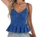 BISUAL Peplum Denim Top V-Neck Crop Denim Halter Top Jean Vest Retro Denim Corset Tank Tops For Women 2026 Summer Trendy Outfit Dark Blue L