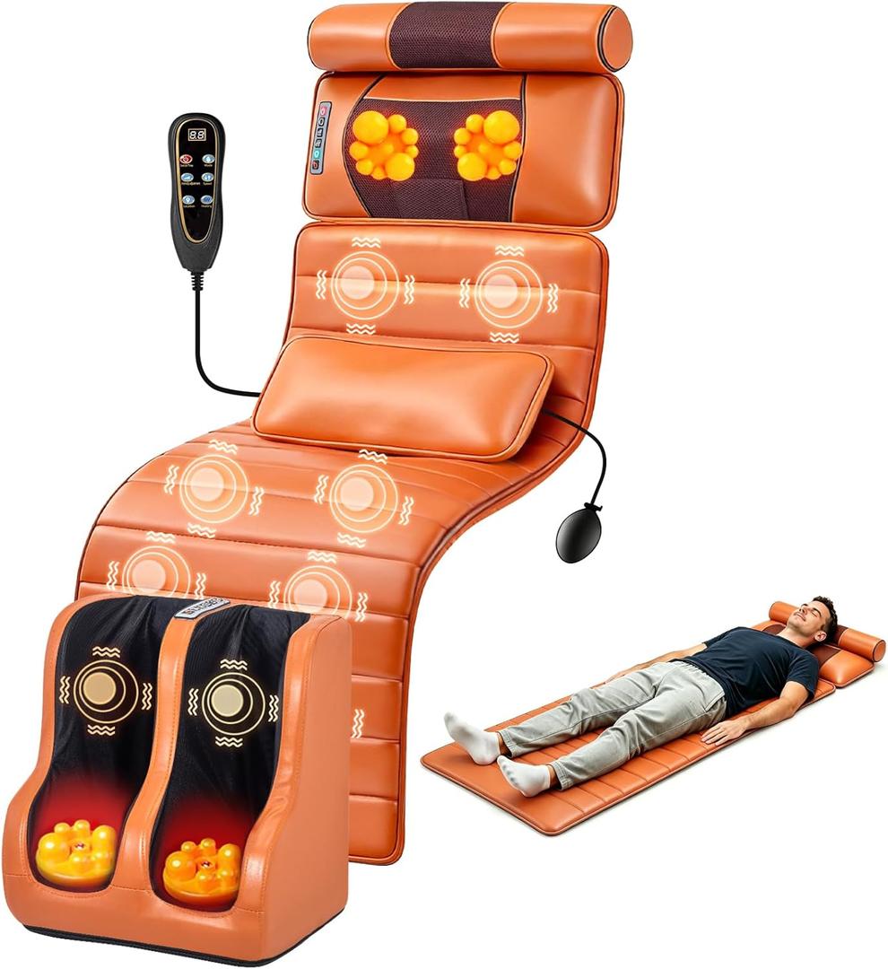 Full Body Massage Mat with Foot Massager, Shiatsu Vibration Massage Pad with Heat, Detachable Neck Pillow, Airbag Lumbar Support & Remote Control for Back, Waist, Legs and Feet
