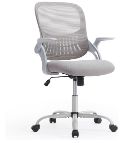 Ergonomic Computer Mesh Swivel Task Chair with Wheels and Comfortable Lumbar Support for Home Office, Study, Bedroom, Adults, Students, Flip Handrail, Gray