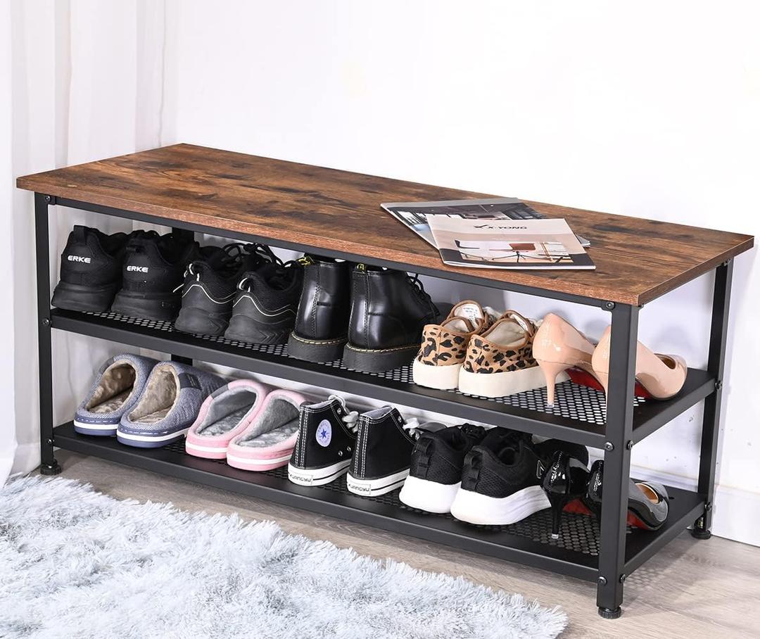 Shoe Bench 3-Tier Shoe Rack 39.4" for Entryway, Storage Organizer Entry Bench with Mesh Shelves Wood Seat for Hallway, Living Room, Steel Frame, Rustic Brown and Black