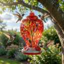 WOSIBO Hummingbird Feeder for Outdoors Patio Large 32 Ounces Colorful Hand Blown Glass Hummingbird Feeder with Ant Moat Hanging Hook, Rope, Brush and Service Card (RED-Firework)