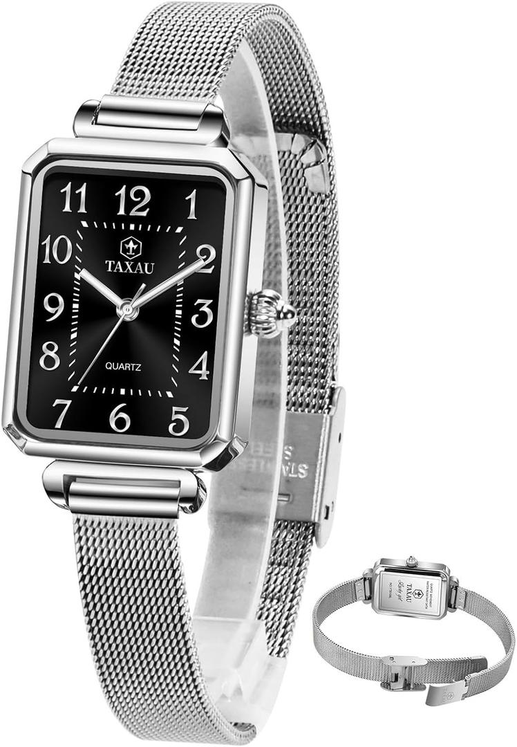 Taxau Watches for Women Small Face Womens Dress Watch Waterproof Ladies Watches Large Number Luxury Analog Quartz Square Dial Mesh Band Easy Read Rose-Gold/Silver Watch reloj para Mujer