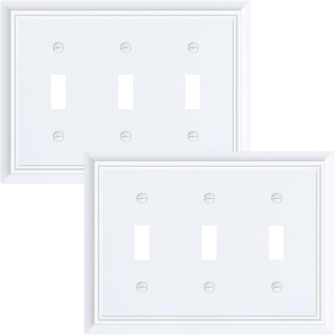 2-Pack Triple Toggle Light Switch Cover Plate, Durable Natural Bamboo Fiber Decorative Switch Plate Covers, Pure White 3 Gang Wall Plate, Corrosion Resistant