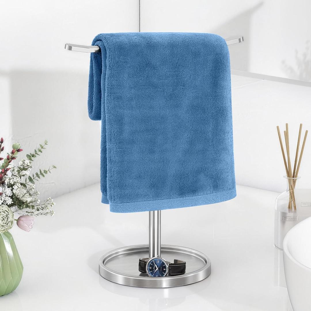 STWWO Hand Towel Holder, Stainless Steel Towel Holder Stand for Bathroom, Kitchen Countertop, T-Shaped Hand Towel Rack Stand, Brushed Nickel