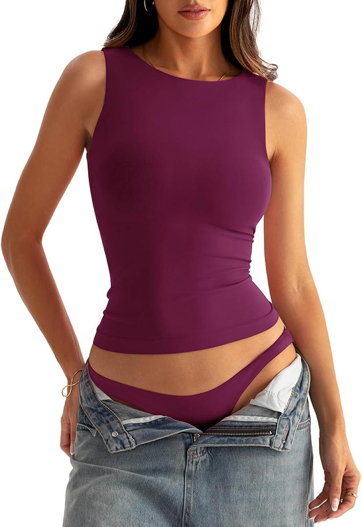 Eachyes Womens Boat Neck Seamless Tank Tops Sleeveless Double Layering Shirts Basic Going Out Tops Summer Outfits (Small, Magenta)