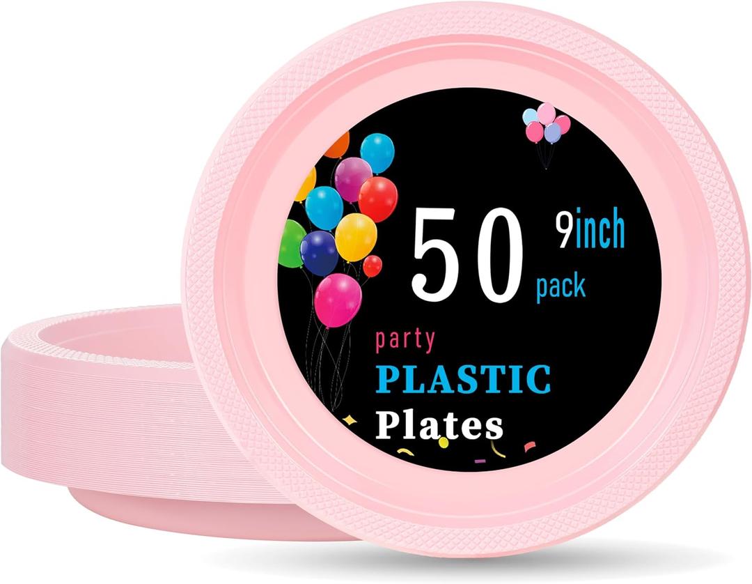 WELLIFE Pink Plastic Plates 9 Inch 50 Count Disposable Plate for Party Mother's Day, Dessert Plates for Dinner Supplies Birthday Cake, 9Inch50 Guests