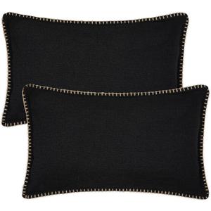 decorUhome Decorative Outdoor Throw Pillow Covers 12x20 Set of 2, Lumbar Linen Rustic Neutral Farmhouse Pillow Covers with Stitched Edge for Couch, Sofa, Living Room, Black