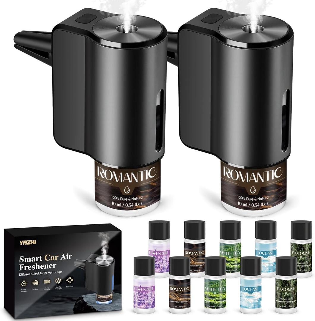 Car Air Freshener Diffuser, Smart Car Air Freshener, Auto On/Off with 3 Modes, Vent Clip, Long Lasting with 10 Essential Oils in 5 Scents (2 Pack)