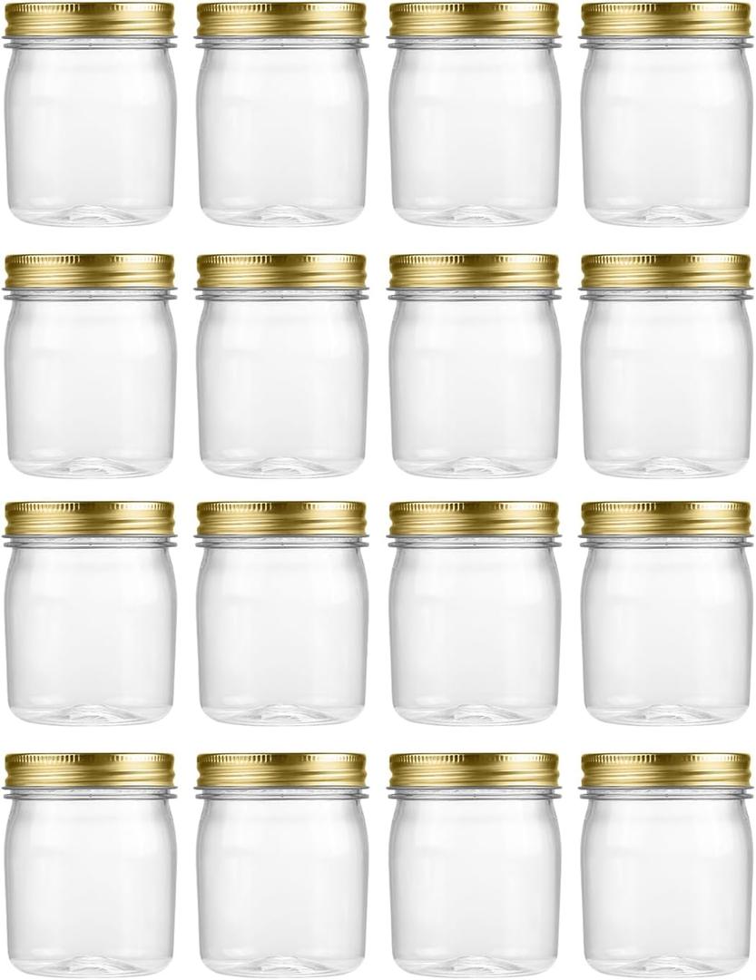 novelinks 8 oz Clear Plastic Jars with Screw-On Lids - BPA-Free Refillable Storage Containers for Slime, Spices, Crafts, Kitchen & Home Organization (16 Pack, Gold)
