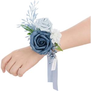 Ling's moment 2pcs Prom Wrist Corsage Artificial Flowers, Girl/Mother Corsages Wristlet Dcor for Homecoming/Wedding/Anniversary, etc. Dusty Blue