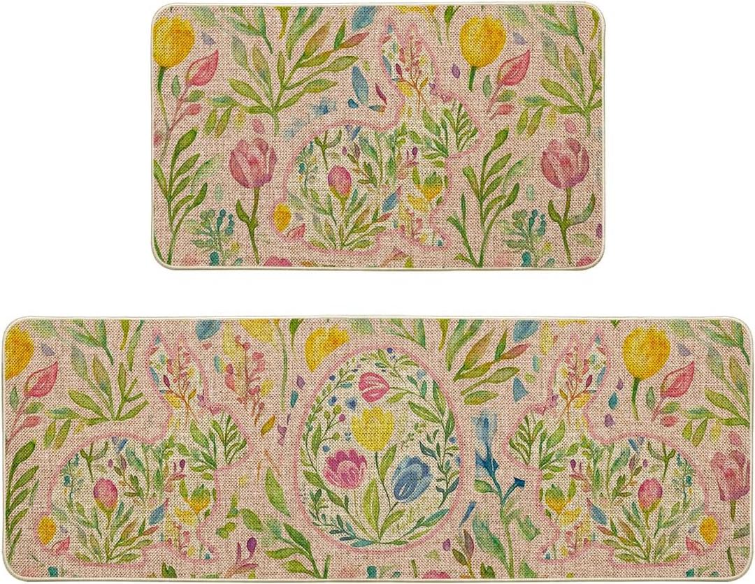 Artoid Mode Colorful Rabbit Bunny Egg Easter Kitchen Mats Set of 2, Spring Home Decor Low-Profile Kitchen Rugs for Floor - 17x29 and 17x47 Inch (Pink)