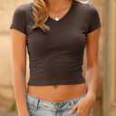 2 x Women's Basic V Neck Short Sleeve T Shirts Summer Cute Baby Tee Slim Fit Cotton Tops (Brown, L)