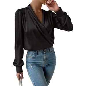 Vrtige Women's Satin Silky Draped Wrap V Neck Ruched Long Sleeve Blouse Shirt Top (Medium, Black)