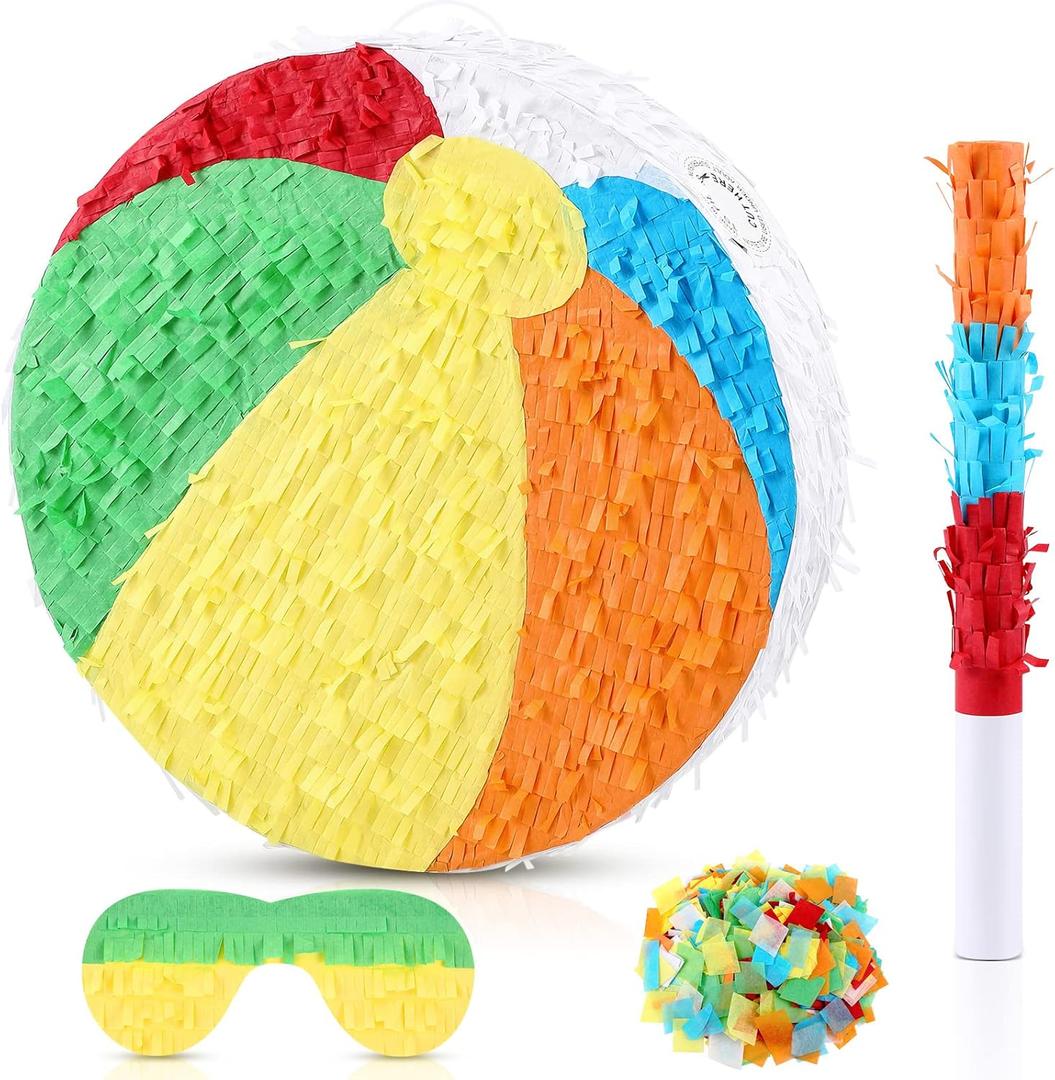 Small Beach Ball Piata 13.4 Inch Summer Piata Beach Ball Pool Party Decoration Mexican Party Birthday Rainbow Balls with Stick, Blindfold and Confetti Set for Kids Boys Girls