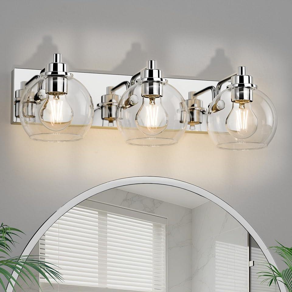 Espird 3 Light Bathroom Light Fixtures-Chrome Bathroom Vanity Lights, Modern Vanity Lights 3-Light Bathroom Lighting Fixtures Over Mirror with Clear Glass Globe Shade