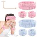 Face Wash Set - Headband, Absorbent Microfiber Wristbands with Holder for Washing Face, Spa Wrist Scrunchies (2 Sets, Blue and Pink)