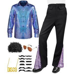 Mens 70s Disco Outfit Costume Bell Bottom Pants Shirts Wigs Necklace Mustache Sunglasses (Large, Purple)
