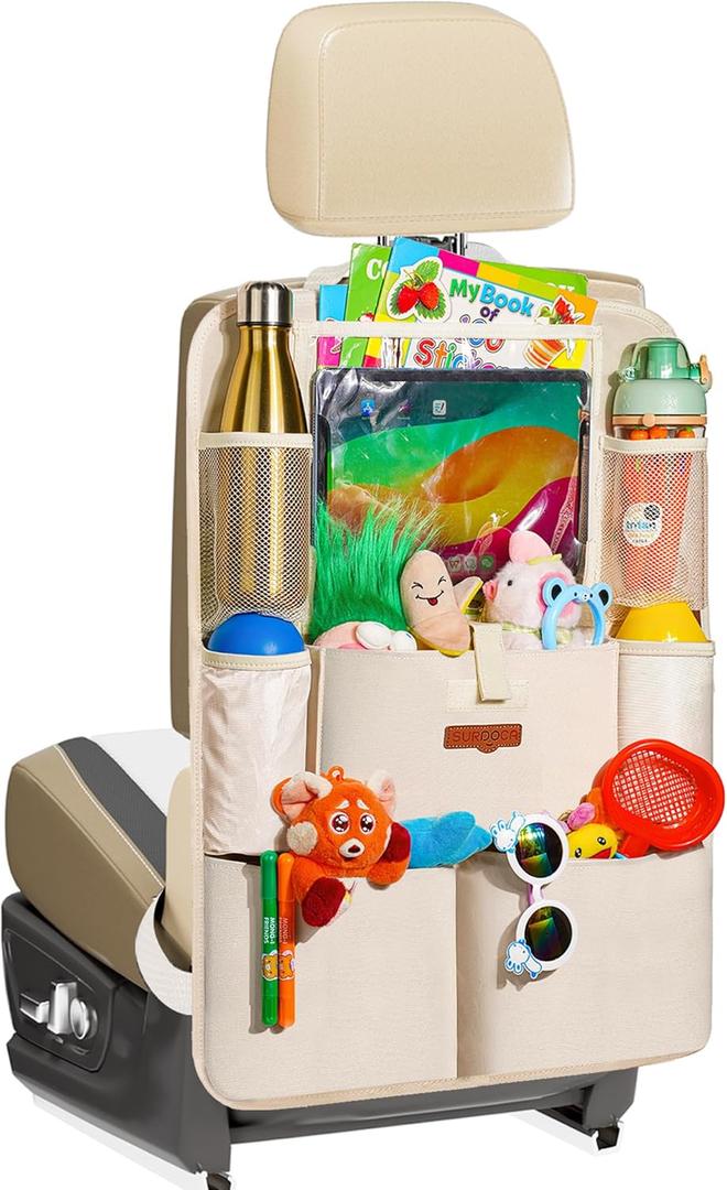 SURDOCA Upgraded Car Organizer with 11-in Touch Screen Tablet Holder, Backseat Organizer with 8 Pockets, Car Seat Protector Road Trip Essentials for Kids (1pc, Beige)
