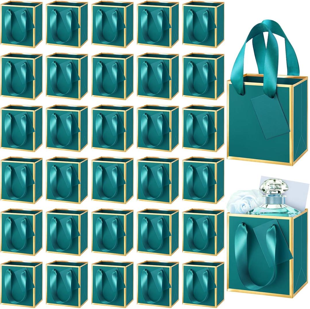 Yeaqee 50 Pcs Mini Metallic Paper Gift Bags with Handles 4x2.75x4.5'' Tiny Small Gift Bags with Thank You Tag for Wedding Favor Birthday Welcome Return Gifts(Turquoise, Gold)