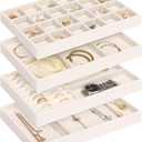 Jenseits 4 Jewelry Organizer Drawer Insert, Stackable Velvet Jewelry Tray Organizer Display Case Storage Containers, Earring Holder Necklace Watch Bracelet Accessary Ring Trays, Gift For Women (Beige)