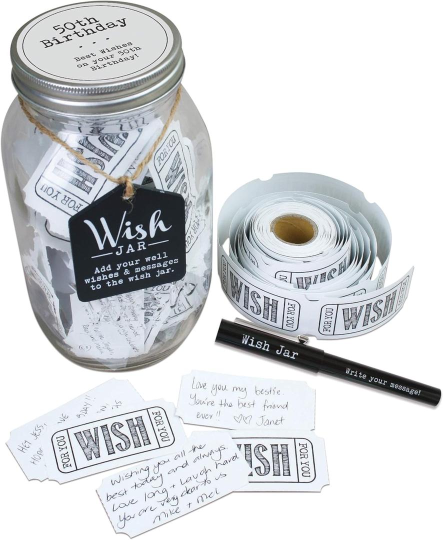 Top Shelf 50th Birthday Wish Jar With 100 Tickets, Pen, and Decorative Lid