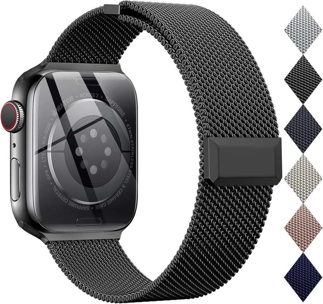 EPULY Compatible with Apple Watch Band 38mm 40mm 41mm 42mm Series 10 11,Stainless Steel Mesh Loop Magnetic Clasp Bands for iWatch Series 9 8 7 6 5 4 SE3 2 Women Men - 42/41/40/38mm Black