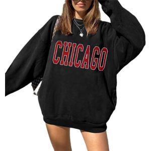LilyCoco Women's Graphic Oversized Sweatshirt Long Sleeve Crewneck Pullover Top Chicago, Black, Large