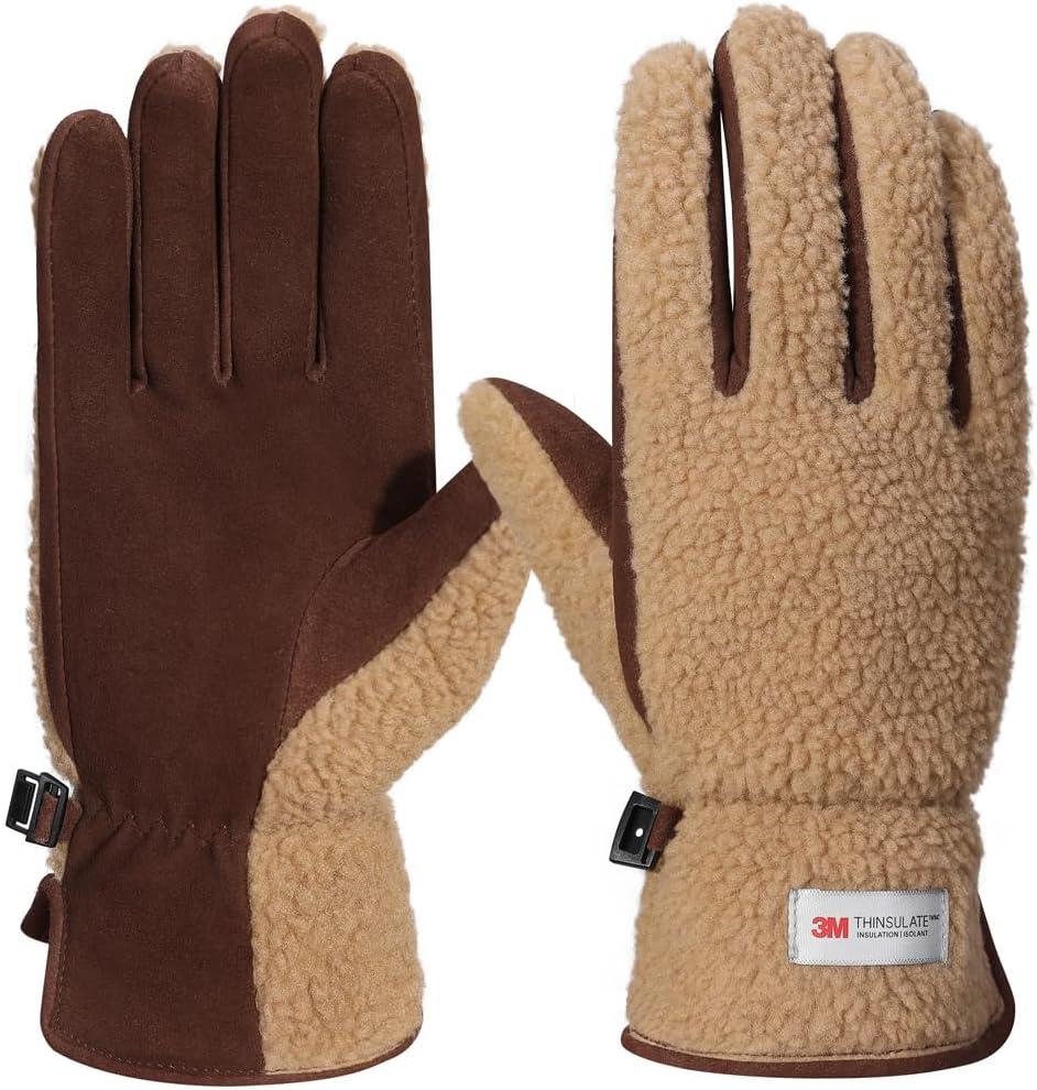 Harssidanzar Sherpa Gloves Women's Outdoor Winter for Gloves Genuine Suede Lined SL021US (Medium, Camel/Dark Brown)