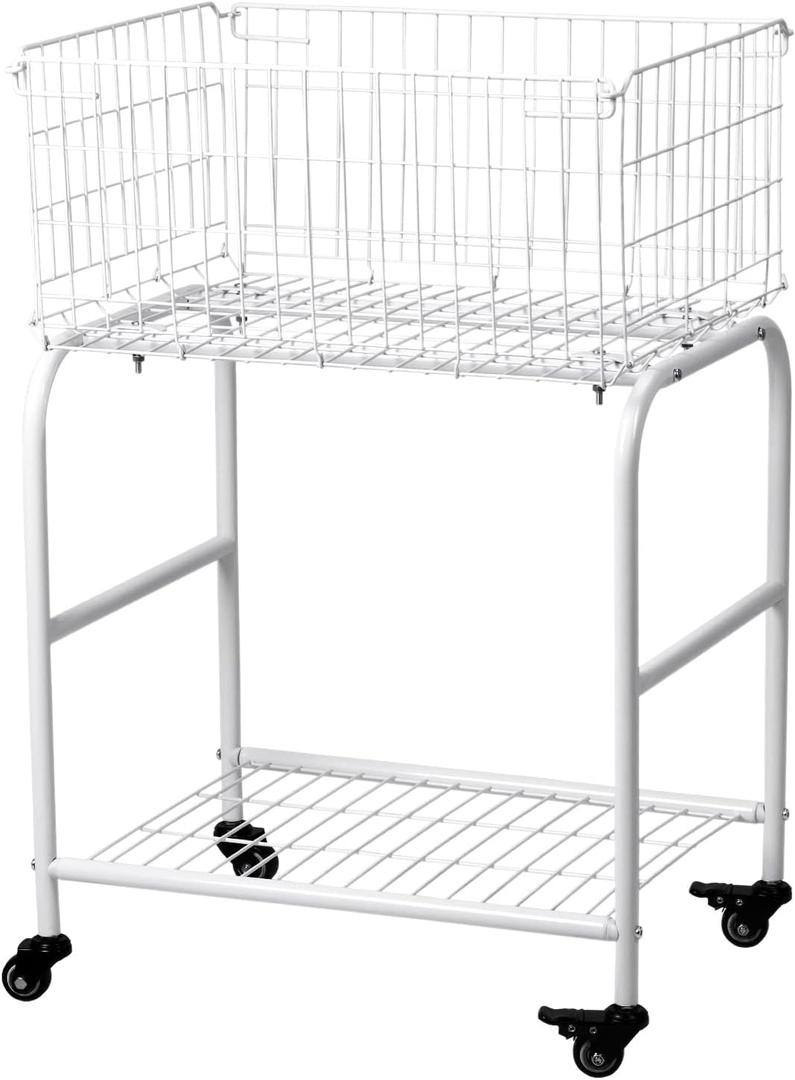 Collapsible Rolling Laundry cart with Wheels,Metal Basket for Garment Storage,Laundry cart with 4 Universal Wheels,2 Wheels with Brake Size:31.1"x15.35"x20.47'' (White)