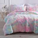 Wajade Faux Fur Plush Rainbow Comforter Set Fluffy Fuzzy Shaggy Bedding Set - 3PC Full/Queen Microfiber Soft Warm Quilt Set
