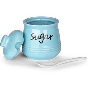 HAOTOP 12oz Sugar Bowl with Lid and Spoon,Ceramic Sugar Jar Sugar Dispenser Sugar Container Coffee Bar Accessories, Kitchen Countertop Canisters,Turquoise