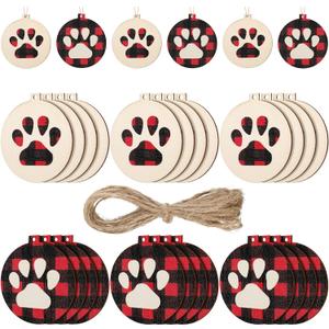 Maitys 30 Pcs Christmas Wooden Dog Paw Ornaments Buffalo Plaid Paw Print Xmas Tree Hanging Tag Cat Claw Xmas Hanging Ornaments with Ropes for Holiday Christmas Tree Decor