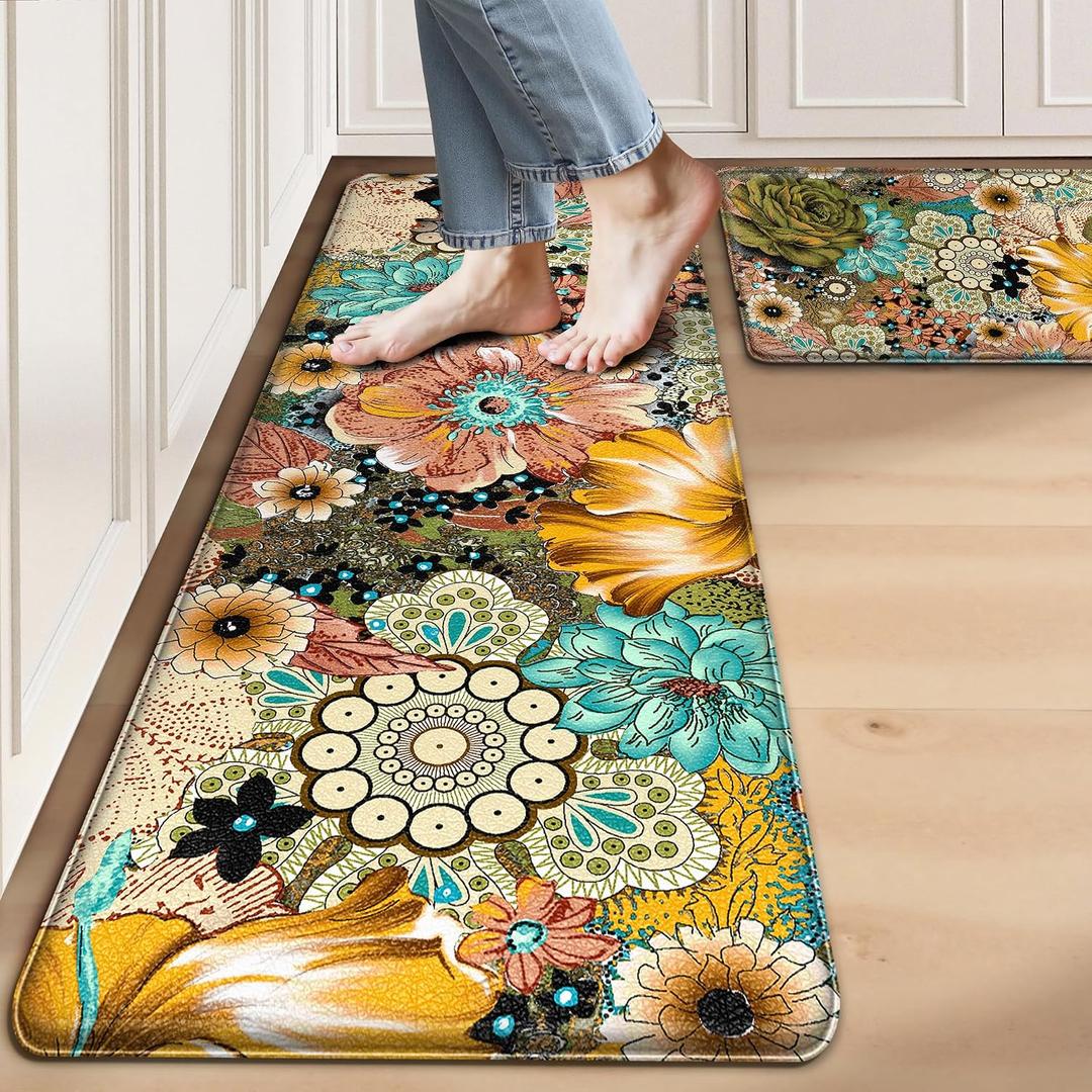 Kitchen Mats For Floor Cushioned Anti Fatigue Sets of 2 Boho Floral Kitchen Rugs Non Slip Waterproof Foam Kitchen Floor Mats Padded Comfort Standing Mat Rug For Sink Laundry Office, 17.3x28+17.3x59