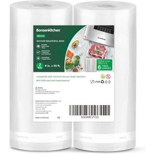 Bonsenkitchen Vacuum Sealer Bags, 8" x 50' Rolls 2 pack for Food Storage Saver, Bpa Free, Heavy Duty, Commercial Grade Textured Food Roll, Customized Size Bag for Sous Vide Cooking,VB3209