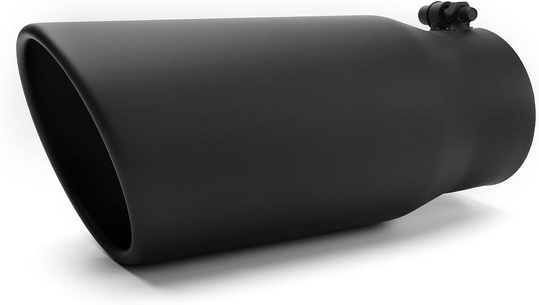 Richeer 4 to 5 inch Exhaust Tip, 4" inlet 5" Outlet 12" Overall Length Stainless Steel Exhaust Tip Black Powder Coated Finish Universal for Vehicles with 4" O.D. Exhaust Tailpipe, Rolled Edge, Bolt on
