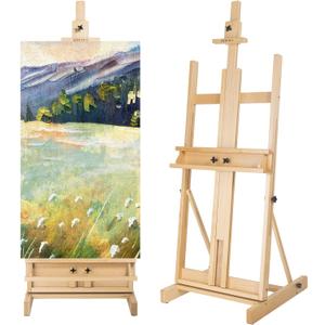 H-Frame Studio Easel, Solid Beechwood Artist Easel with Storage Drawer, Adjustable Wooden Painting Easel Holding Canvas up to 78" High, Natural
