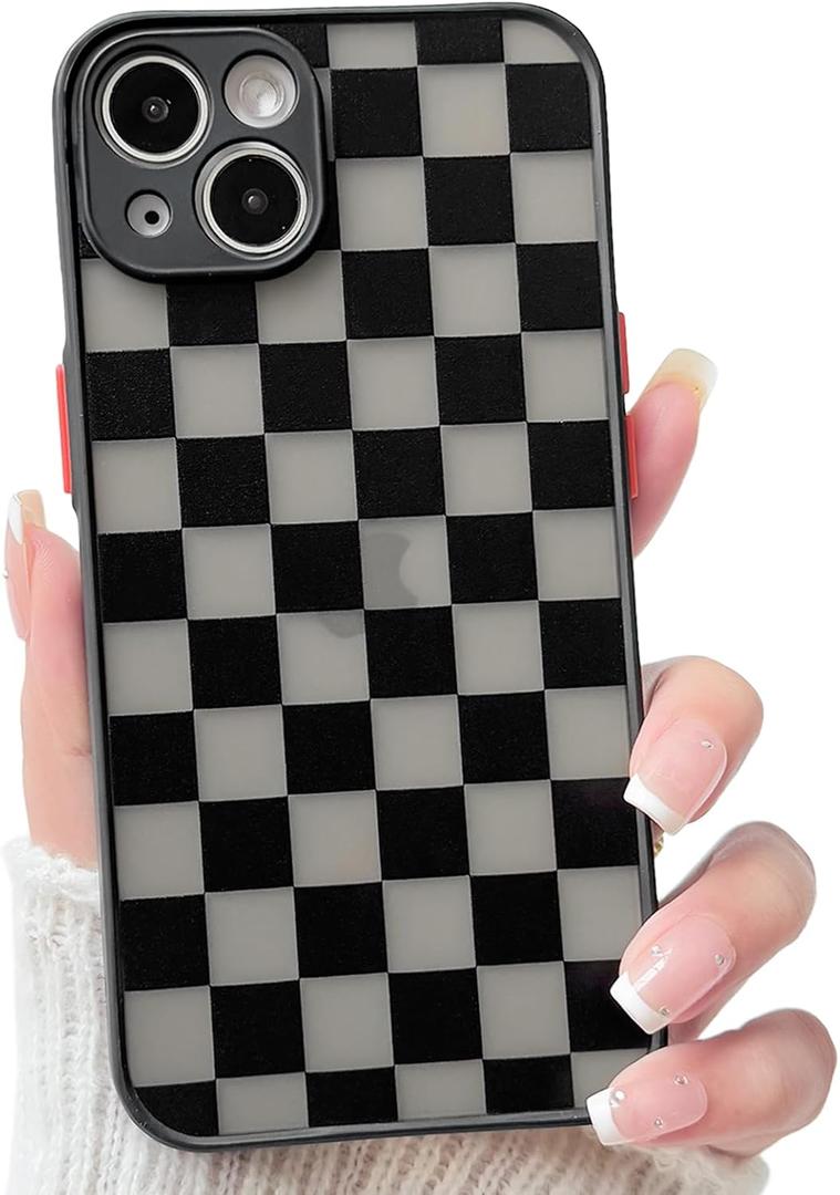 NITITOP Compatible with iPhone 13 Case Matte Aesthetic Checkerboard Checkered Pattern for Women Girls Men Full Camera Lens Clear Slim Hard Back Shockproof Protective Phone Cover - Black