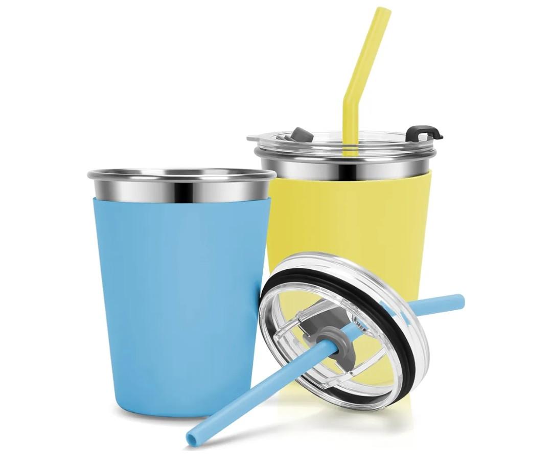 Kids Cups with Straws and Lids Leak Proof, 12oz Sippy Cups for Toddlers 1-3, 2 Pack Spill Proof Cup Stainless Steel Kids Cups with Lids for School, Outdoor (Blue & Yellow)