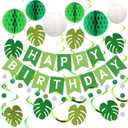 Meowtastic Green Birthday Decorations - Happy Banner with Honeycomb Balls, Palm Leaves Hanging Swirl Streamers, Circle Dot Garland - Party Decoration for Boy Girl