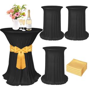 Kochorie 4 Set Cocktail Table Covers with Satin Sash, 32 x 43 Inch Round Cocktail Table Skirt, Spandex Stretch High Top Tablecloth for Wedding Banquet Birthday Party Decorations, (Black, Gold)