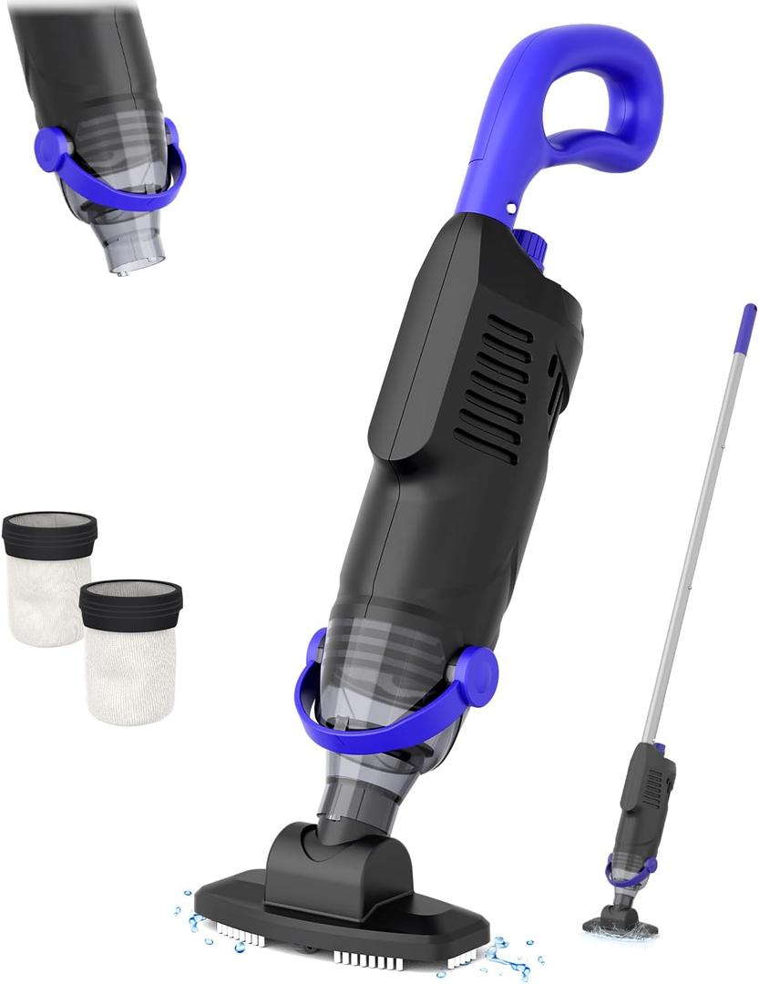 Cordless Above Ground Pool Vacuum Cleaner, 60W Handheld Rechargeable Pool Vacuum Cleaner with Pole & 18GPM Suction for Leaves, Debris, Dirt (Black)