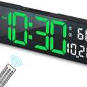 Digital Clock, Digital Wall Clock for Living Room Decor, Desk Alarm Clock for Bedroom, Large Wall Clock with Remote Control, Automatic Brightness Dimmer LED Clock with Date Temperature Week (Green-B)
