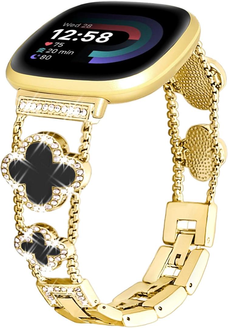 for Metal Bands, Compatible with Fitbit Versa 4/Versa 3/Fitbit Sense 2/Sense Band Smart Watch, Diamond Four Leaf Clover Stainless Watch Strap for Women (Gold/Black)
