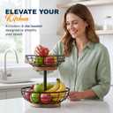2 Tier Fruit Basket with Banana Hanger, Metal Fruit Bowl Stand with Wooden Base, Kitchen Counter Fruit Organizer for Vegetables, Bread, Snacks Storage Basket