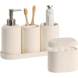 Bathroom Accessories Set, 5PCS Modern Bathroom Accessory Set with Soap Dispenser, Mouthwash Cup & Toothbrush Holder, Qtip Holder, Tray (Cream)