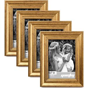 Yaetm 5x7 Gold Picture Frame Set of 4, 1.4 Wide Molding & Rustic Gold Photo Frames 5 x 7 with HD Tempered Glass, Display on Tabletop & Wall Mounting, 4 Pack