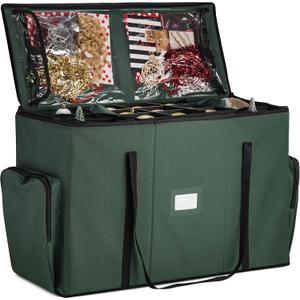 ZOBER All in One Christmas Ornament Storage Box & Decoration Container - Easy Access Removable Trays, Keeps 73 Ornaments - Adjustable Extent Area for Figurines and Pockets for Decoration - Green