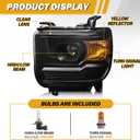 Headlight Assembly Compatible with GMC Sierra 2014-2018 1500 | 2015-2019 2500HD/3500HD Base/Denali/SLE/SLT, Halogen Headlamp Replacement W/O LED DRL, With Bulbs, Black Housing Amber Reflector