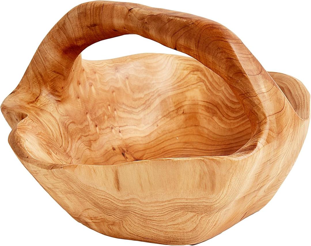WELLAND Root Wood Crafts Basket w/Handle for Fruit Vegetable Food Display, Large Size, Natural